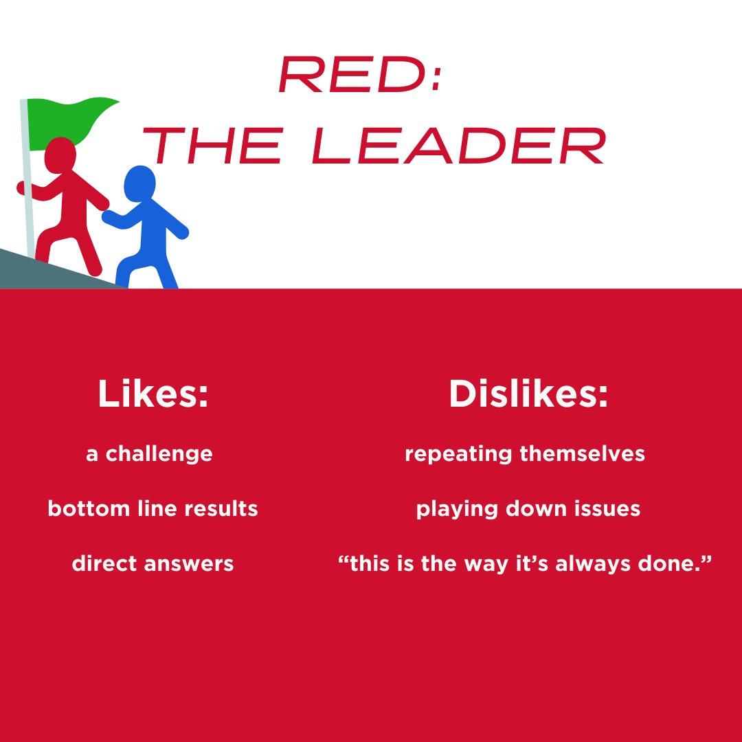 Red: The leader!

Your kid marches to the beat of their drum. They will always have the determination to get better, you just need to give them concise guidance. Don't try to take over. Let them figure out their way while still explaining why you are correcting in certain aspects. 